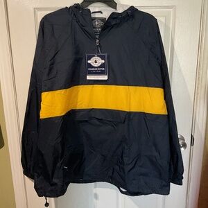 NWT Men’s Charles River Apparel Pullover Windbreaker Navy w/ Yellow Stripe